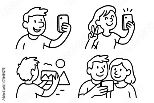 Collection of people taking photos with a phone. Man, woman, and couple taking selfies. Character photographing a landscape. Cartoon doodle line art vector icon set for lifestyle.