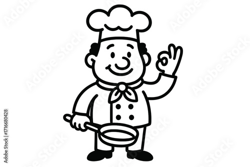 Cartoon chef cooking with frying pan, smiling cook chef character in uniform with hat, vector illustration for restaurant menu, food service, kitchen, cooking, tasty food concept