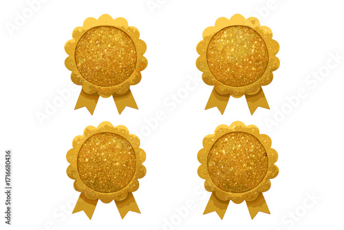 Golden rosette award labels set. Round circle prize with gold glitter texture. Vector isolated icon for sale design. Guarantee badge. Premium quality seal with ribbon. Winner.
