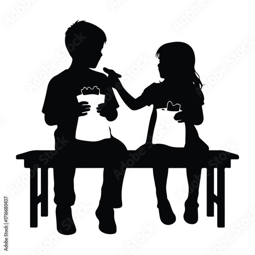 Children sharing snacks on bench girl sitting