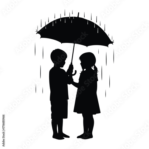 Children sharing umbrella in rain girl