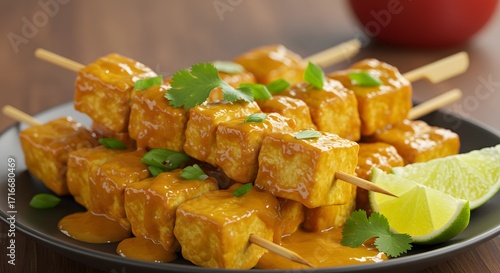  Tofu Skewers with Orange Sauce, Greens, and Lime Garnish on Dark Plate