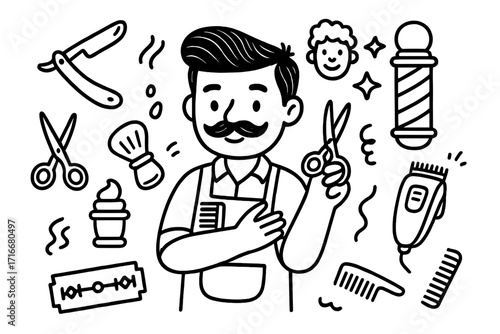 Barbershop tools and barber with scissors cartoon vector illustration set, shaving razor, hair clipper, combs, barber pole and shaving brush for hair salon and grooming concept