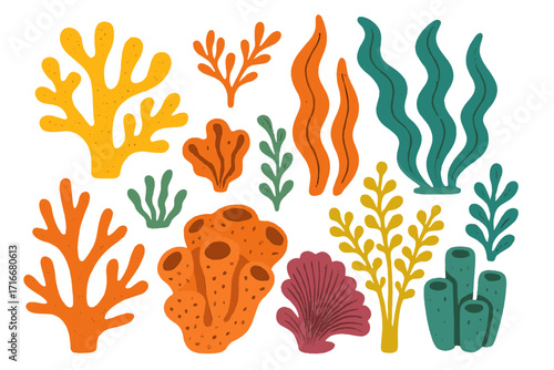 Set of corals and seaweed. Underwater ocean flora collection. Cartoon groovy marine plants for seabed design. Vintage botanical elements in retro flat vector style illustration.