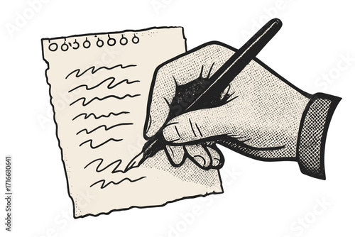 Vector retro halftone cartoon hand writing a note with a fountain pen. Concept for taking notes, making a list, or an author signing a document on a torn paper sheet.