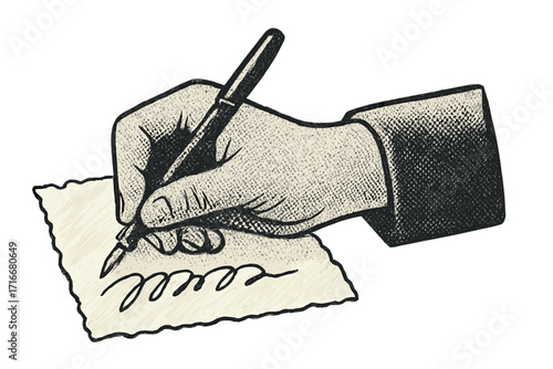 Hand with pen writing note on torn paper. Vector retro collage concept. Halftone vintage illustration. Business signature, author handwriting scribble, signing contract.
