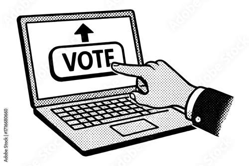 Online voting and election concept. Hand pointing finger to vote button on laptop screen. E-voting technology in halftone retro pop art style. Digital poll illustration.