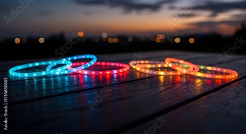  Multicolor LED Rings on Wood with Sunset Sky and City Glow