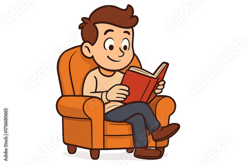 Cheerful young man reading a book while sitting comfortably in an orange armchair, cozy home leisure activity, cartoon vector illustration with transparent background