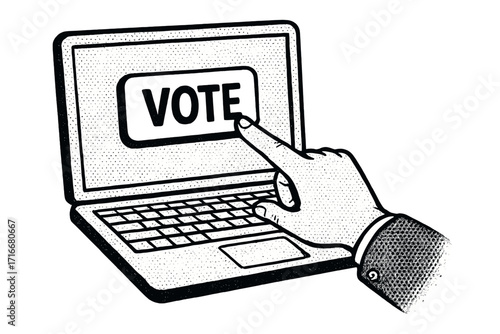 Online voting and e-election concept. Hand voting on laptop computer screen. Internet polling, digital choice. E-voting technology in halftone retro cartoon vector style.