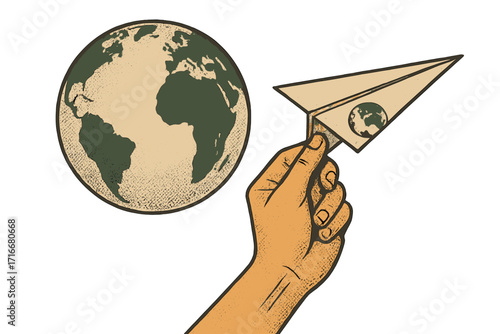 Earth Day concept with hand holding paper airplane. Globe and flight symbol for travel, climate change awareness. Vintage halftone vector for 22 April holiday banner.