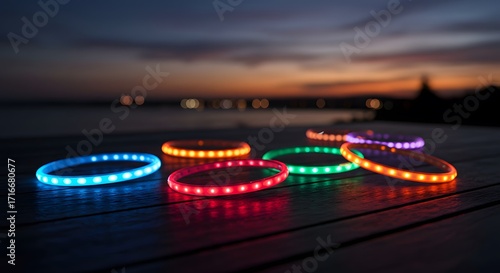 night lights in the city,  Multicolor LED Rings on Wood with Sunset Sky and City Glow