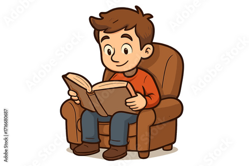Boy reading book in armchair cozy cartoon illustration, child enjoying literature sitting on comfortable chair at home, education, relaxation, learning concept vector art
