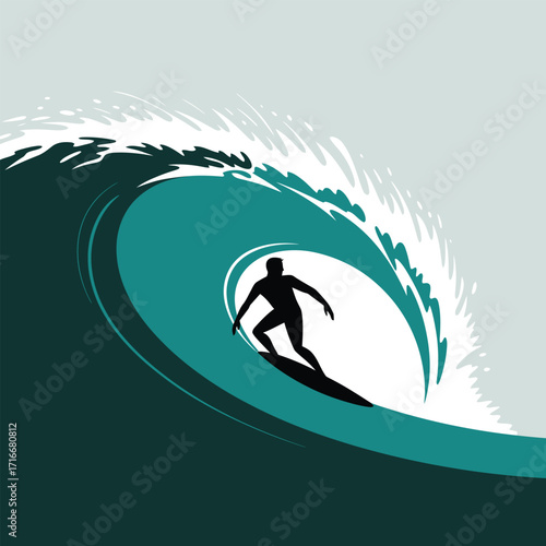 Surfer Vector Art Illustration Isolated on Transparent Background with Wave Silhouette