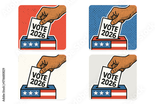 USA election 2026 vector icon set. Hand voting, casting ballot in box with American flag. Political campaign, democracy concept. Social media banner, poster, sticker design.