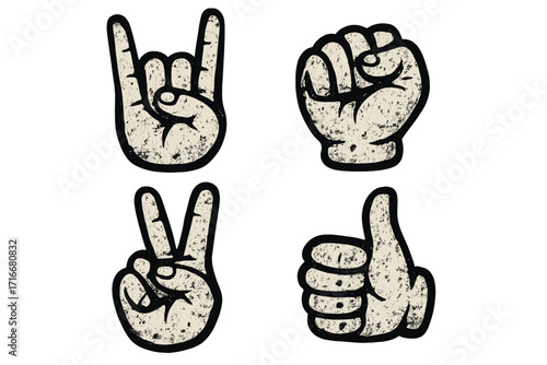 Grunge hand signs vector set, rock on gesture, fist, peace sign, thumbs up, cartoon style, vintage distressed texture, hand gestures collection, transparent background