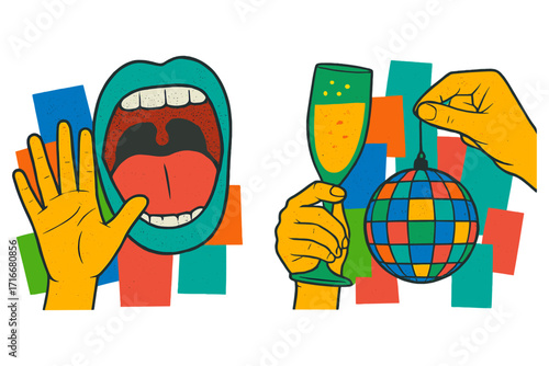 Happy New Year 2026 party celebration vector set. Pop art collage with yelling mouth, hand holding champagne and disco ball. Retro halftone illustration for poster, card, banner.