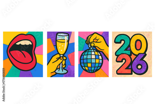 Happy New Year 2026 party cards set. Pop art collage illustration with yelling mouth, champagne toast, and disco ball. Festive retro vector for celebration poster.