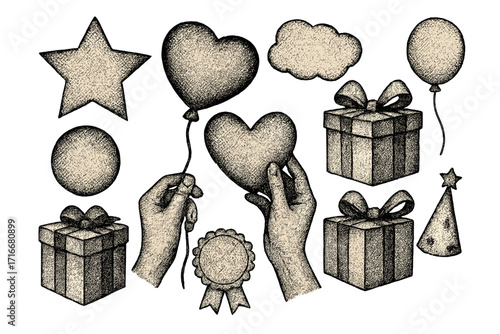Birthday party celebration vector elements set. Hand drawn vintage halftone collage kit with gift box, heart balloon, party hat. Retro illustration assets for design.