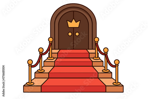Elegant royal stairway with red carpet leading to majestic wooden door with golden crown symbol entrance to VIP club luxury setting vector illustration