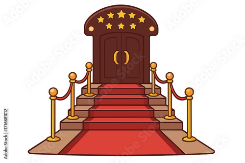 VIP club entrance stairway vector illustration with red carpet, golden stanchions and velvet ropes, exclusive luxury club door with star decorations, cartoon style