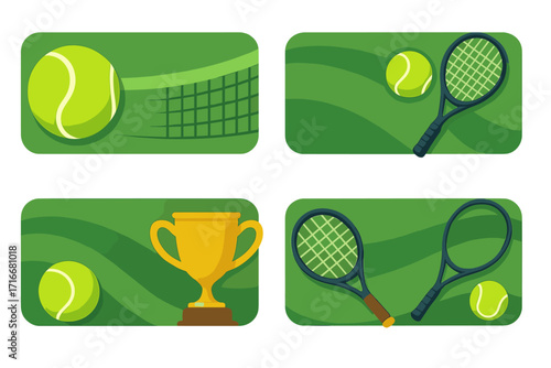 Set of four tennis vector illustrations with tennis balls, rackets, net, and golden trophy cup on green background, sports equipment, game winner celebration, tennis championship concept