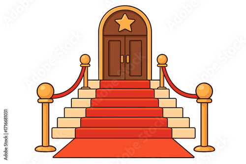Elegant stairway entrance to VIP club with red carpet, gold posts, velvet ropes, and star emblem. VIP access, luxury event, exclusive party entry, celebration, glamour, prestige vector illustration