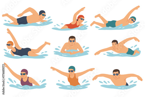 Diverse swimmers set with male and female athletes swimming in various action poses, sport swim competition, active healthy lifestyle, vector cartoon illustration