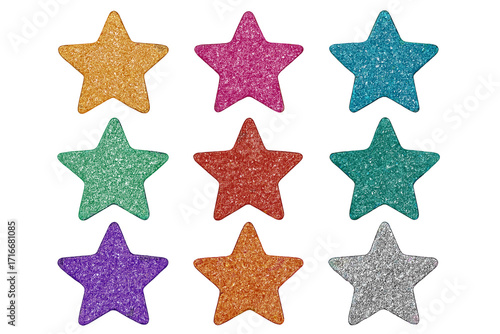 Colorful metallic glitter sparkle textured stars set. Cut out collage elements collection for festive design. Vintage vector illustration for celebration, decoration and scrapbooking.