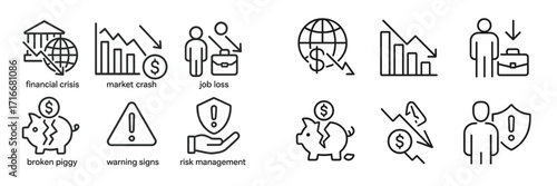 Important symbols depicting financial concerns such as market crash, job loss, and risk management strategies