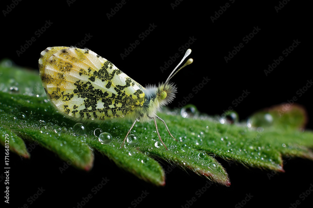 Obraz premium Dew on leaf with butterfly