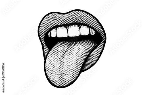 Female mouth with tongue out isolated. Beautiful lips and teeth with halftone texture. Retro collage element for mixed media design. Vintage dotted punk style illustration.
