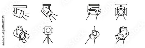 Different types of lighting equipment used in film and theater production for various setups and effects