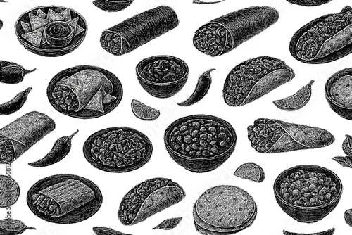 Mexican food seamless pattern. Hand-drawn sketch of taco, burrito, nachos for menu design. Engraved vintage vector illustration. Traditional Mexico cuisine background. Chalkboard style.