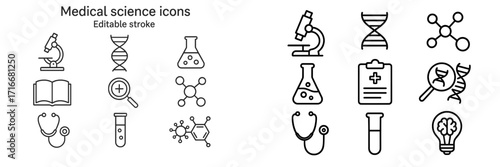Collection of medical science icons illustrating research and healthcare concepts in a simple design