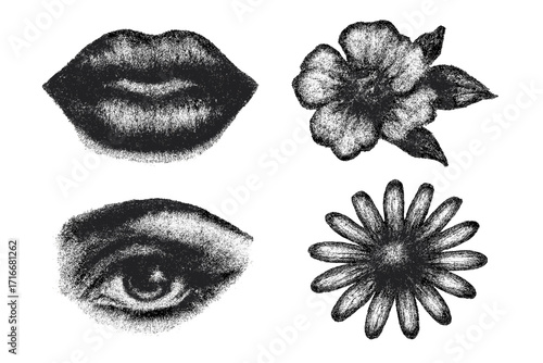 Female lips and eye set with retro photocopy effect, negative Y2K grunge style, dotted grain texture, stippling vector elements, trendy brutal graphic design with flowers