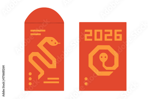 Modern Chinese New Year 2026, Year of the Snake zodiac. Minimalistic geometric lucky money red envelope design. Vector illustration template for hongbao or lai see packets.