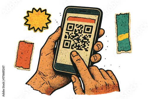 Trendy retro halftone collage of hand holding phone scanning QR code, 90s grunge style vector illustration with torn paper stickers, vintage digital technology concept