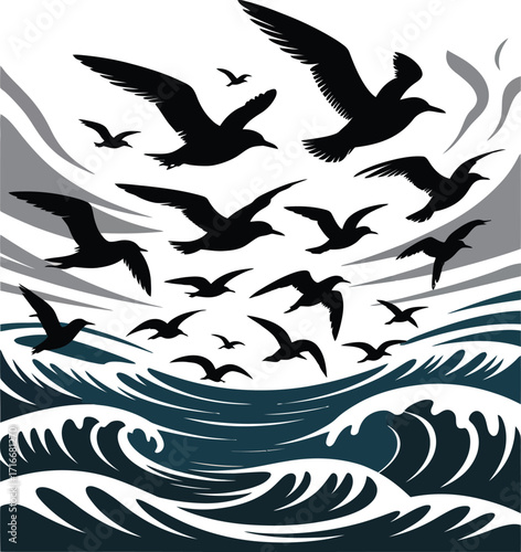 Seagulls Flying Over Ocean Waves Vector Illustration Isolated Art Design on Background