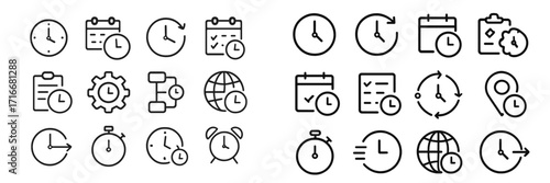 Collection of simple, modern clock and time-related icons for design projects and digital use