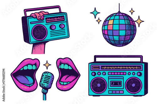 Retro music party elements set. Hand with boombox, mouths singing karaoke, disco ball, and ghetto blaster illustration. Y2k 80s 90s vintage neon halftone style vector.