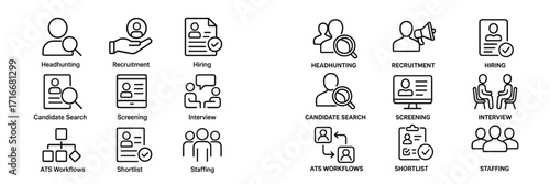 Icons representing various processes in recruitment and hiring, showcasing candidate search and staffing activities in a modern workspace