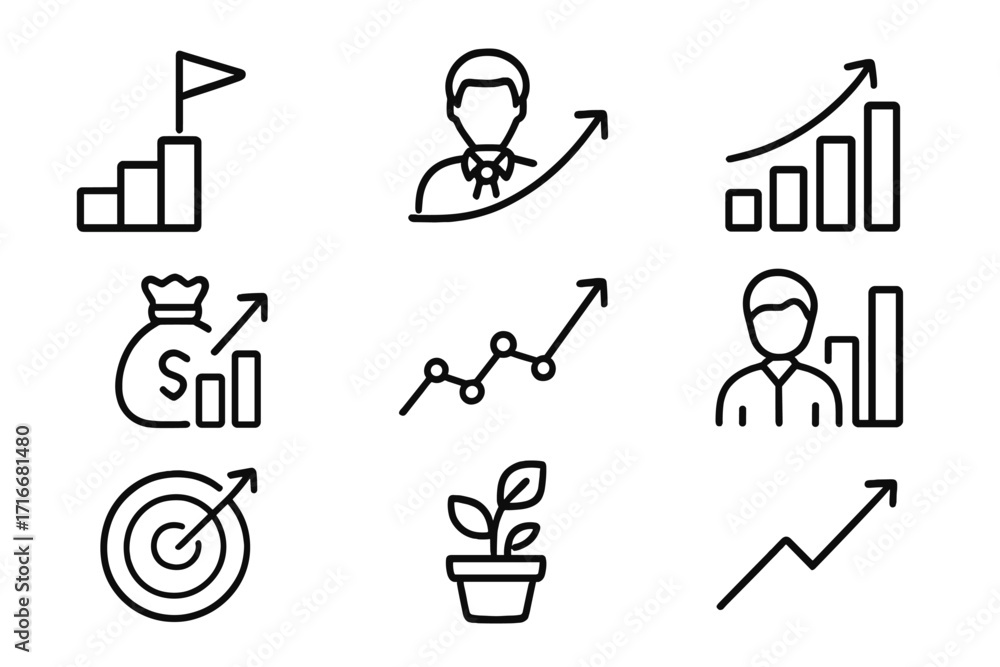 Fototapeta premium Business growth symbols including graphs, a money bag, and a plant representing success and development