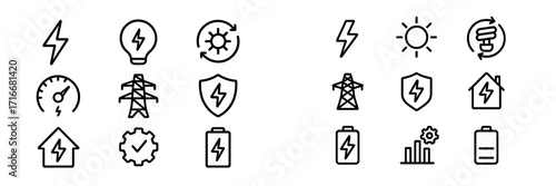 Electricity symbols and icons represent energy concepts and renewable sources in a simple design layout
