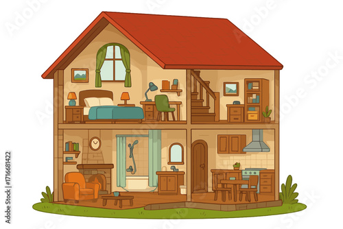 House in a cut. Cozy country home cross-section. Cartoon building interior with furniture. Detailed floor plan with living room, bedroom, kitchen, bathroom and workplace.