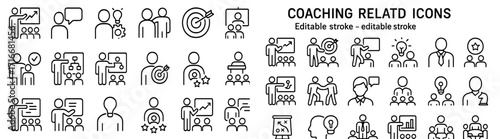 Coaching related icons for presentations and training materials with editable stroke features