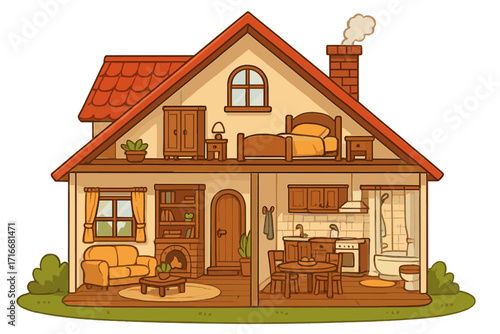 House in cut. Detailed cozy home cross section with interior and furniture. Cute cartoon vector illustration. Cutaway view with living room, kitchen, bedroom, bathroom. Dollhouse floor plan.