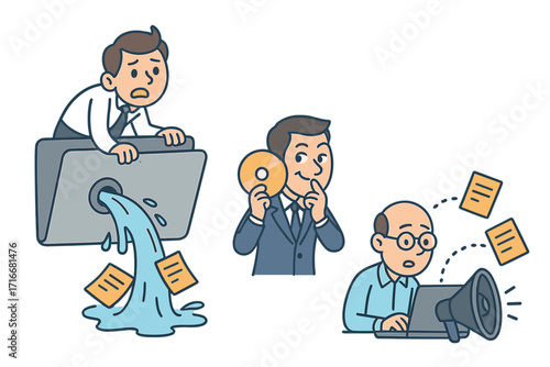 Concept of data leak, file theft, and information spread. Businessman leaking documents, man stealing digital data with CD, and person spreading information via megaphone. Vector cartoon illustration.