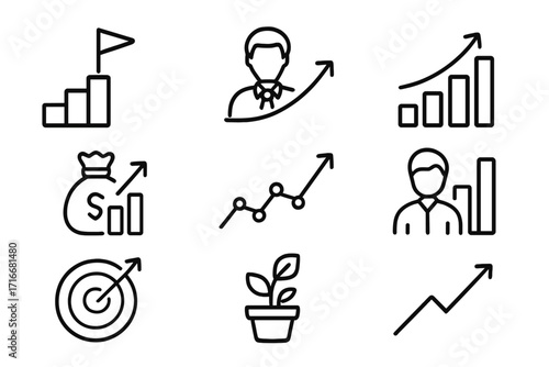 Business growth symbols including graphs, a money bag, and a plant representing success and development