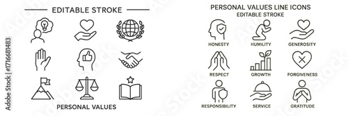 Icons representing personal values such as honesty, respect, and generosity for use in various projects